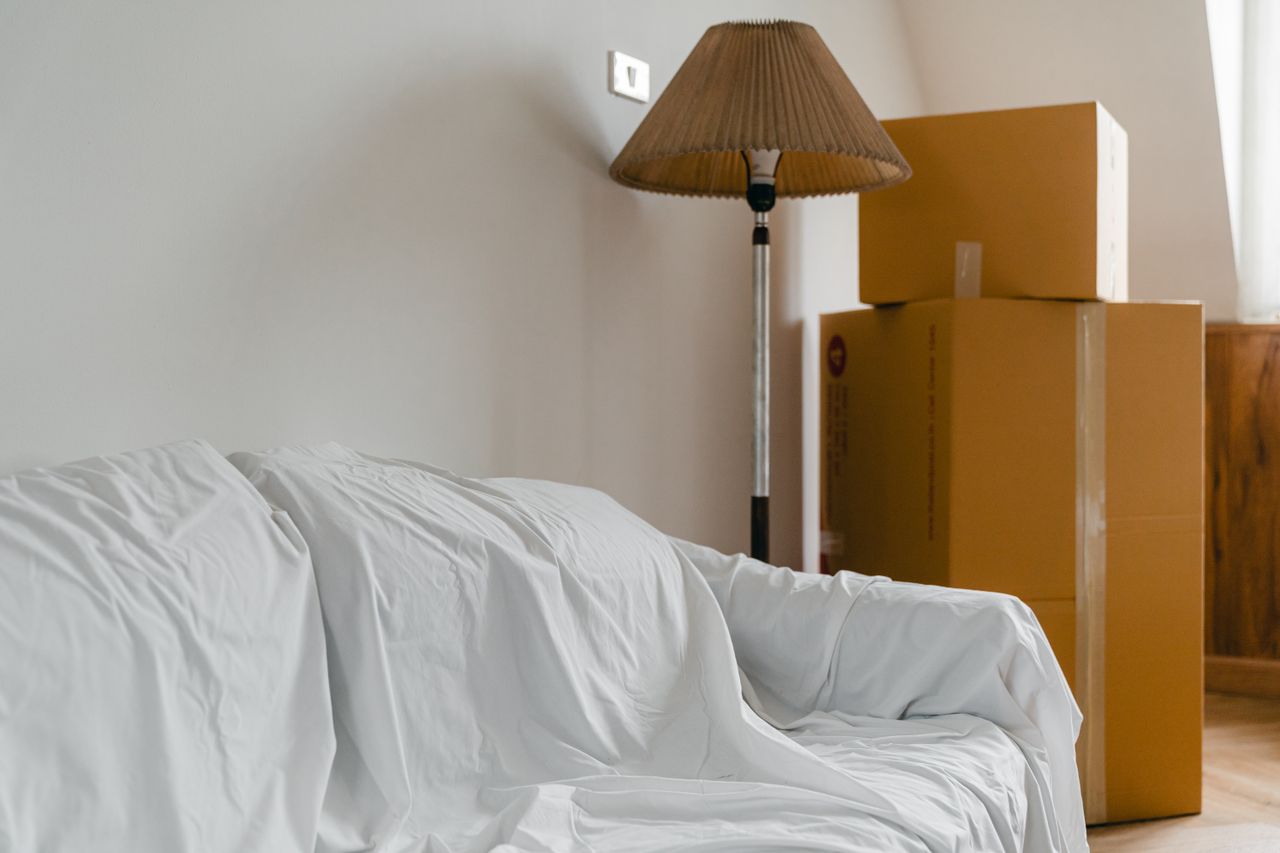 hero-02 Covered with sheet sofa and floor lamp and packed cardboard boxes in light spacious room of new contemporary house